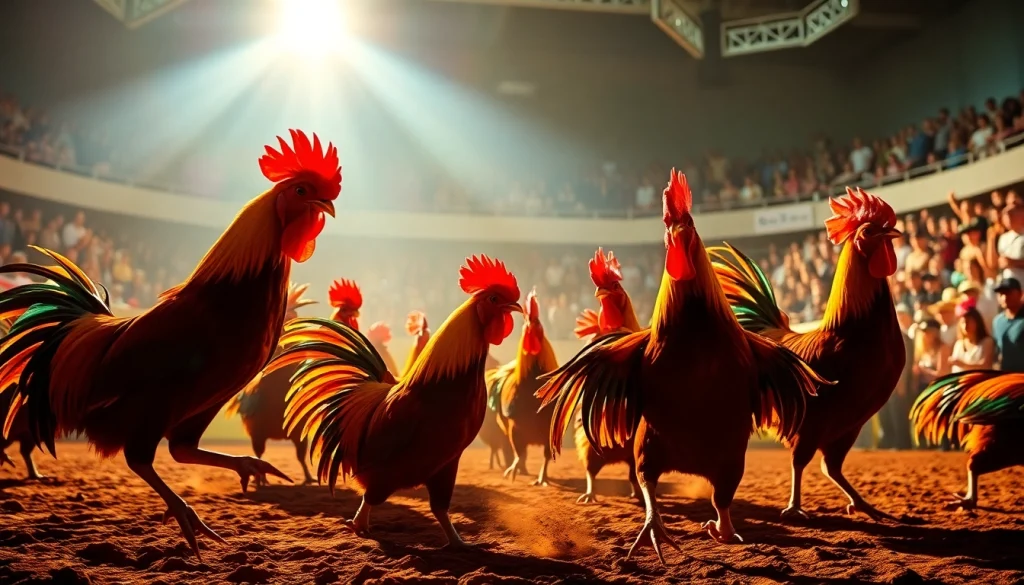 Captivating scene from the 69vn.rodeo showcasing exciting rooster fights in a vibrant arena.