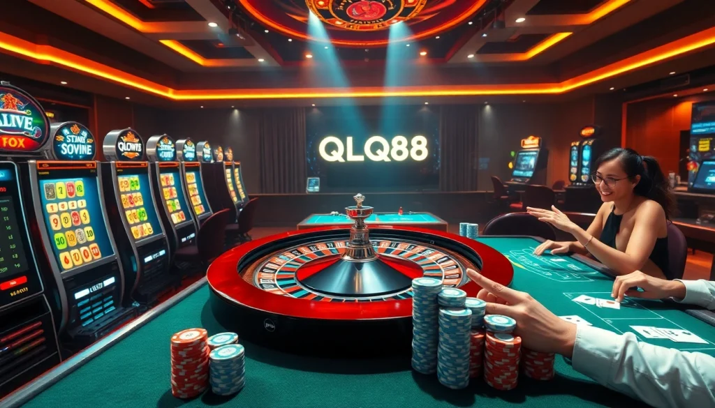 QQQ88 online casino scene with players at a roulette wheel, engaging and vibrant.